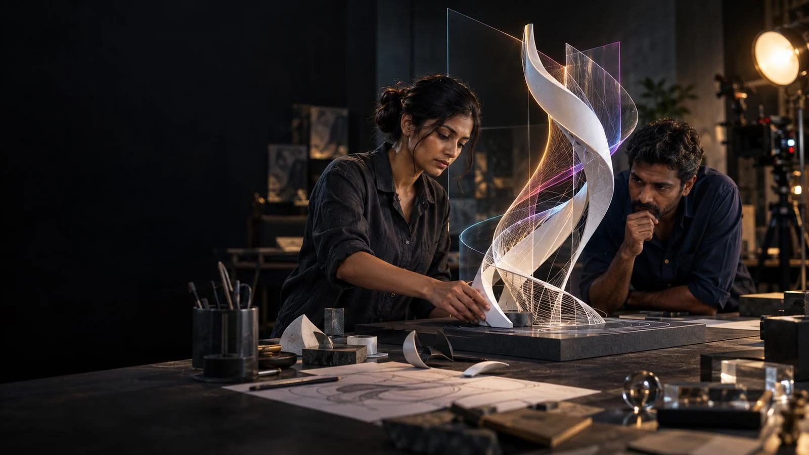 Creative studio concept showing a physical model and design exploration