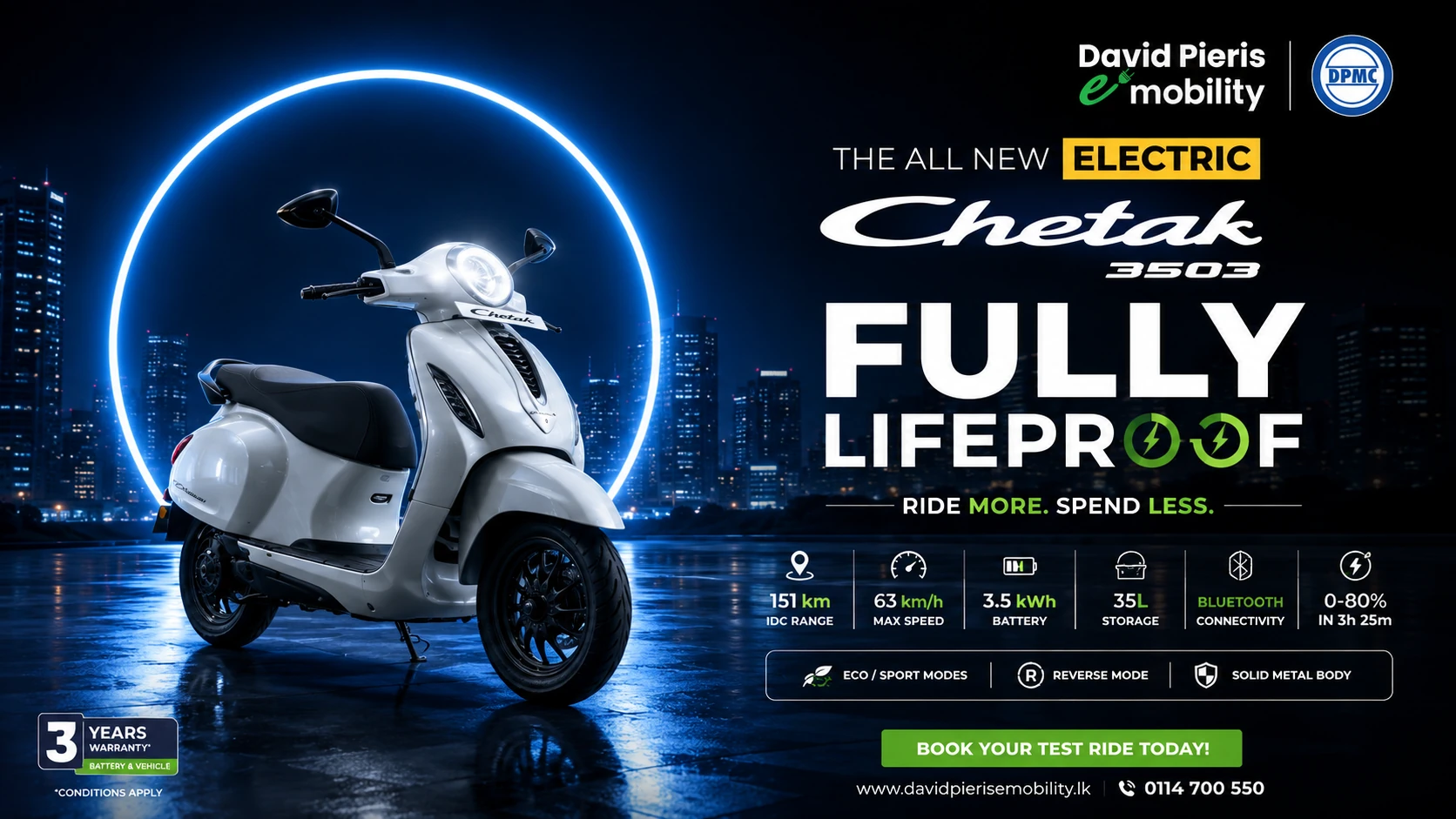 White Chetak 3503 scooter against a blue night-time city backdrop with campaign typography