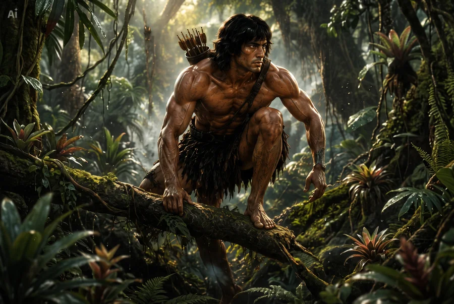 Jungle warrior crouched on a moss-covered tree branch in a tropical forest