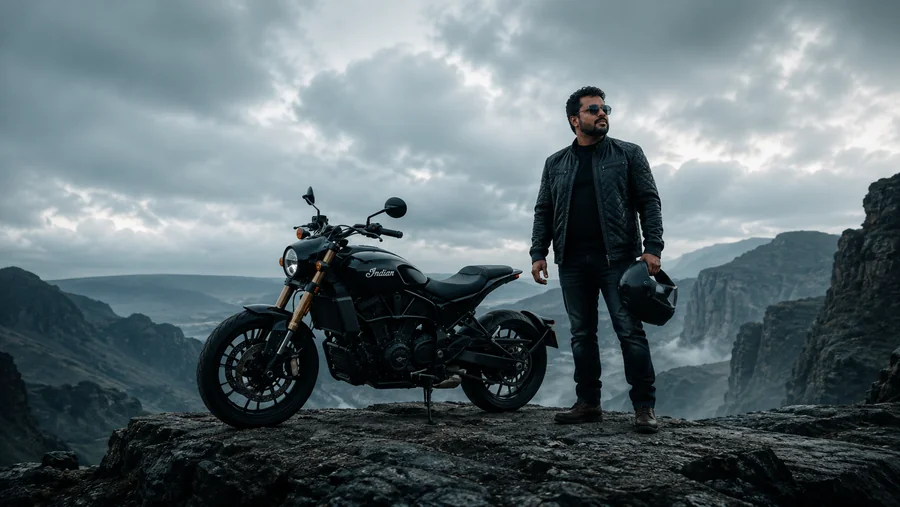 Rider standing beside a motorcycle at a misty mountain overlook